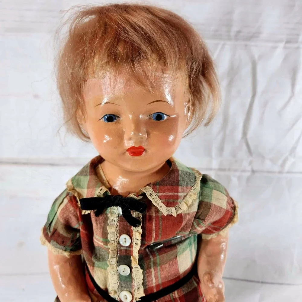 Vintage Composition Doll 1920s 17 Inch Plaid‎ Dress